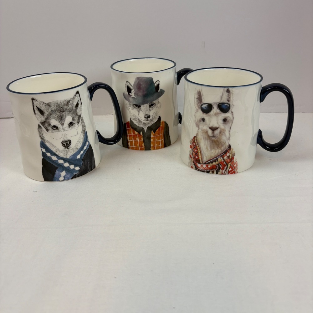 Signature Housewares Hipster Animal Mugs Set of 3 Husky Fox Llama Stoneware